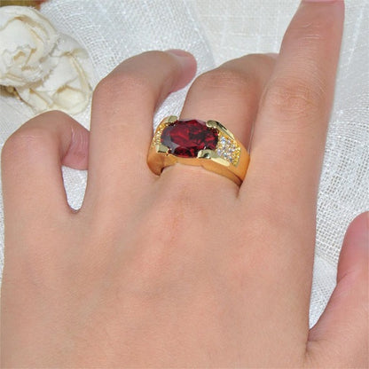 Charm Male Female Red Crystal Stone 18KT Yellow Gold Plated Ring with Zircon