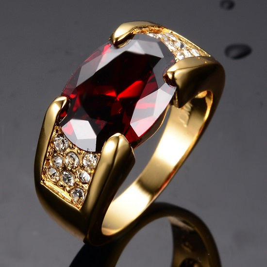 Charm Male Female Red Crystal Stone 18KT Yellow Gold Plated Ring with Zircon