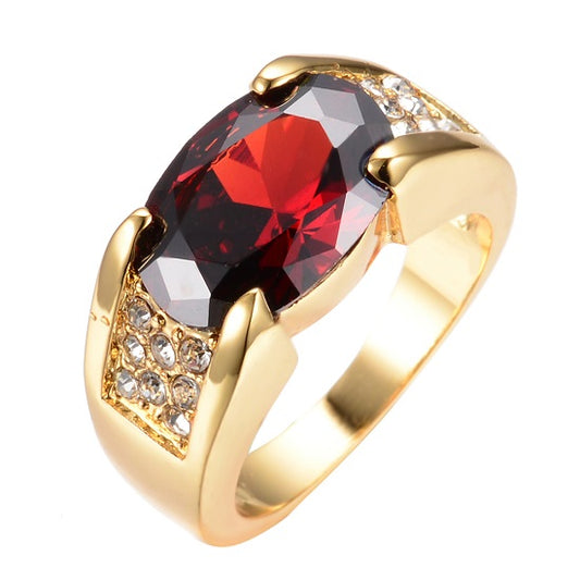 Charm Male Female Red Crystal Stone 18KT Yellow Gold Plated Ring with Zircon