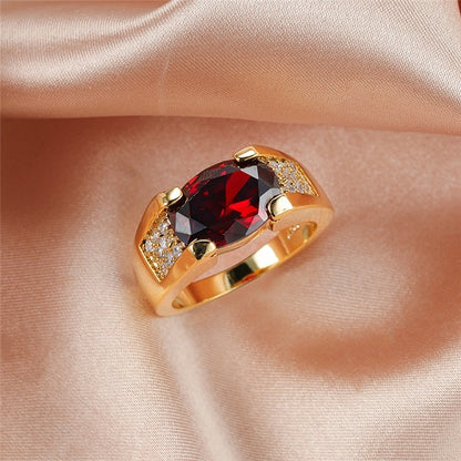 Charm Male Female Red Crystal Stone 18KT Yellow Gold Plated Ring with Zircon