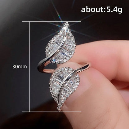 Exquisite Leaf-Shaped Zircon Open Ring Shiny Crystal CZ for Woman