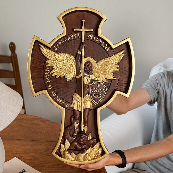 ALDO Artwork> Sculptures & Statues 20 Inches Saint Michael Archangel Cross Wood Hand Carved Statue