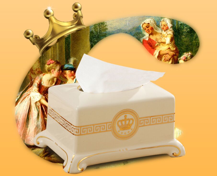 ALDO Bathroom Accessories > Facial Tissue Holders Gold Crown Style Handmade Fine Ceramic Designer Tissue Box With Real Gold Leaf.