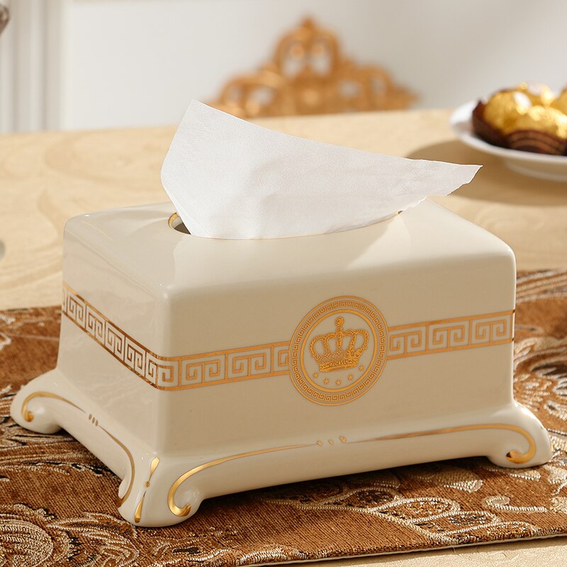 ALDO Bathroom Accessories > Facial Tissue Holders Gold Crown Style Handmade Fine Ceramic Designer Tissue Box With Real Gold Leaf.