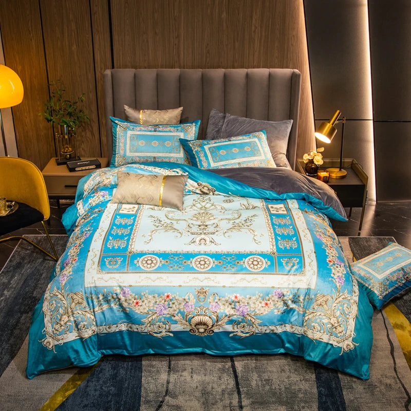 ALDO Bedding >Comforters & Sets New Quinn Sky Blue 4 pieces Set / 100% Cotton / Multy Colors Luxury Versace Style Luxury Egyptian Cotton Duvet Bedding Set with Embroidery