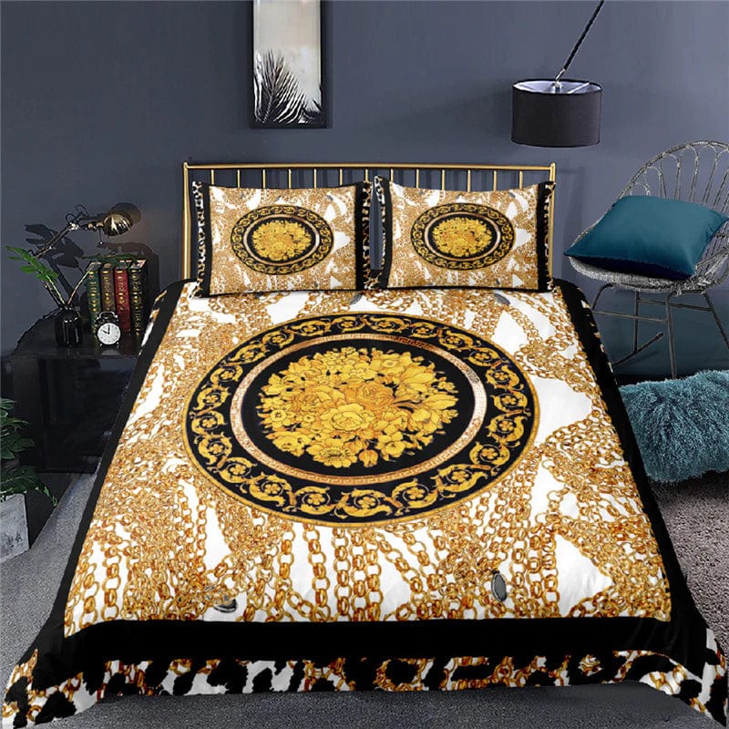 ALDO Bedding >Comforters & Sets Versace Flowers Style Laxury Duvet 3pc Set With Gold White and Black Colors