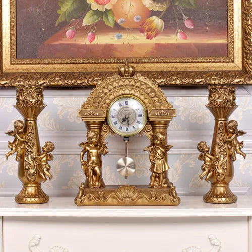 ALDO Clocks Grand  Luxurious Vintage Pendulum Quartz Clock with Angels and Two Candle Holders Set