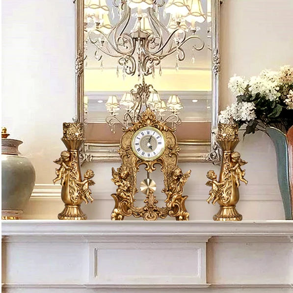 ALDO Clocks Grand  Luxurious Vintage Pendulum Quartz Clock with Angels and Two Candle Holders Set