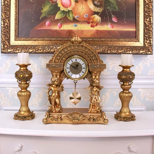 ALDO Clocks Grand  Luxurious Vintage Pendulum Quartz Clock with Angels and Two Candle Holders Set