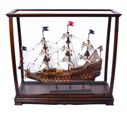 ALDO Creative Arts Collectibles Scale Model Outside: L: 34 W: 13 H: 31.5 Inches /   Inside: L: 32.5 x W: 12 x H: 29 inches. / NEW / Wood with plexiglass panels Display Case Cabinet Table Top For Midsize Tall Ship Yacht Boat Models With Plexiglass Panels