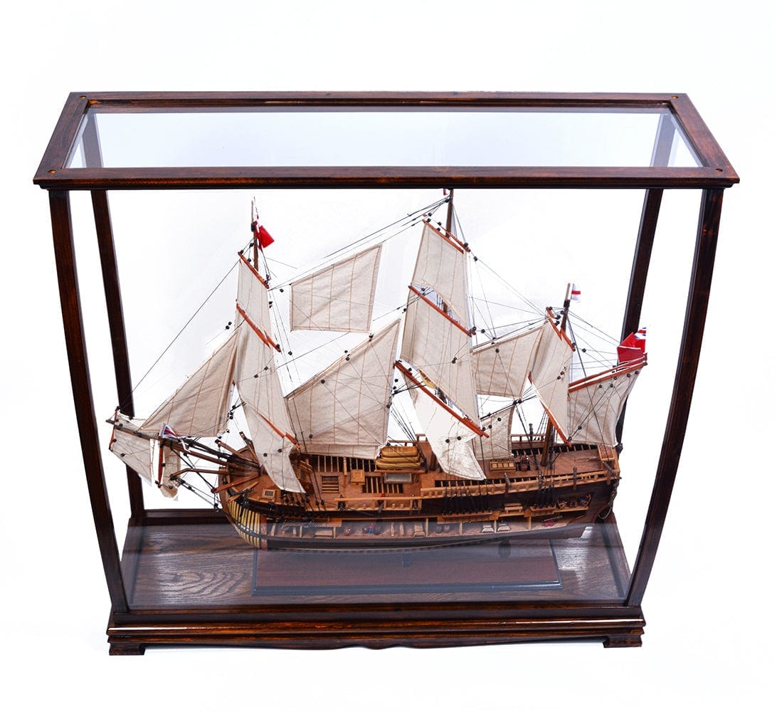 ALDO Creative Arts Collectibles Scale Model Outside: L: 34 W: 13 H: 31.5 Inches /   Inside: L: 32.5 x W: 12 x H: 29 inches. / NEW / Wood with plexiglass panels Wood Display Case Table Top Cabinet  Classic Brown For Tall Ship Yacht Boat Models With Plexiglass Panels