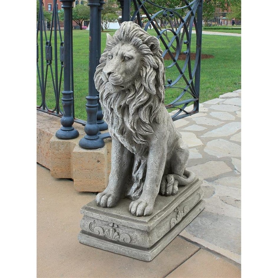 ALDO Décor>Artwork>Sculptures & Statues ﻿11.5"Wx18"Dx30"H / NEW / Resin Royal Palace Gates Lion Sentinel Garden Sculptures by French Sculptor Bernard Fouquet.