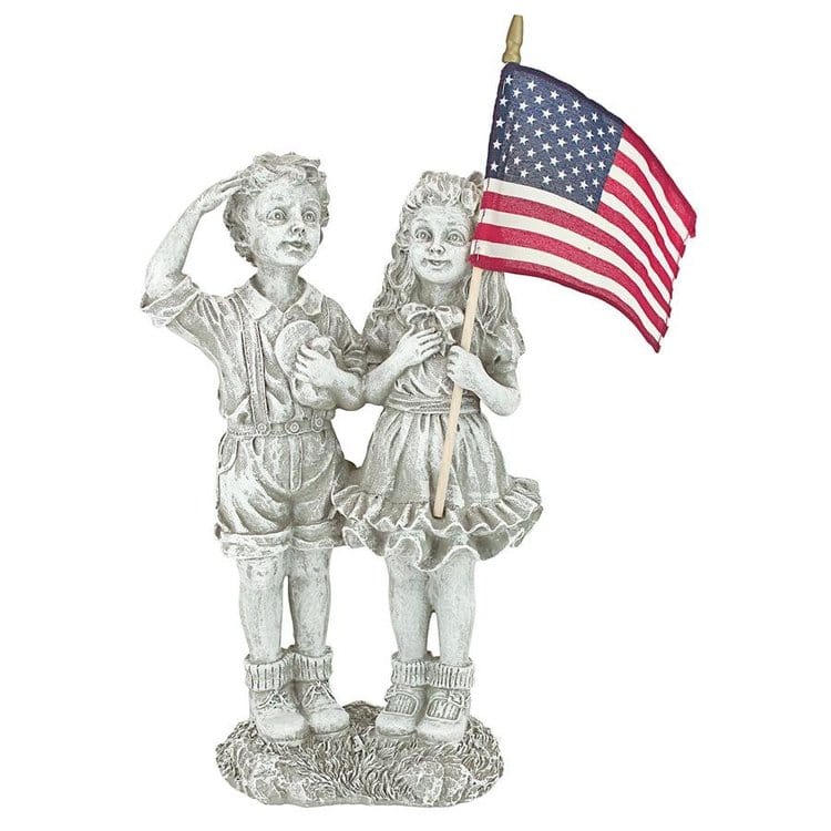 ALDO Décor>Artwork>Sculptures & Statues 8"Wx4.5"Dx16"H / NEW / rasin Patriotic USA Flag Holding Children Celebrating the 4th of July Garden Statue by artist Evelyn Myers Hartley