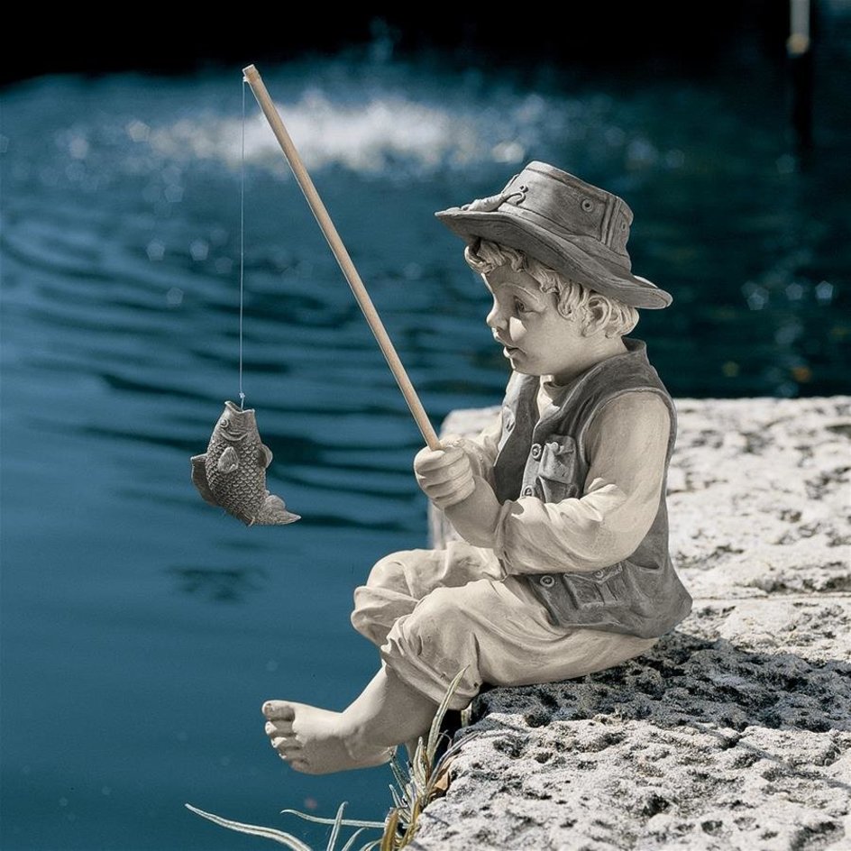 ALDO Décor>Artwork>Sculptures & Statues 9.5"Wx6.5"Dx15"H / NEW / rasin Little Fisherman Children Garden Statue By Artist Jaimy