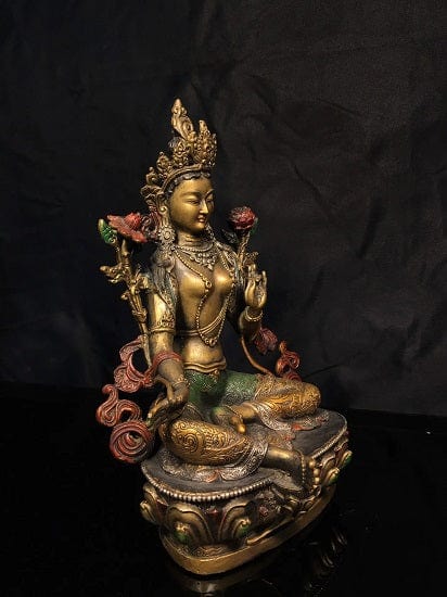 ALDO Décor>Artwork>Sculptures & Statues Ancient China's Copper Painted Green Tara Buddha For Great Success and Prosperity