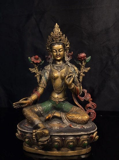 ALDO Décor>Artwork>Sculptures & Statues Ancient China's Copper Painted Green Tara Buddha For Great Success and Prosperity