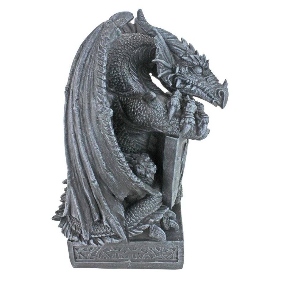 ALDO Decor > Artwork > Sculptures & Statues Arthurian Medieval Dragon Garden Statue With Shield By Artist Gary Chang