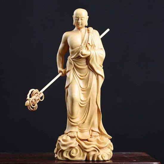 ALDO Décor>Artwork>Sculptures & Statues Boxwood Buddha Statue Ksitigarbha Large Wood Carved Sculpture Dizang Wang Bodhisattva For Good Luck,Wealth and Prosperity