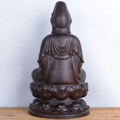 ALDO Décor>Artwork>Sculptures & Statues Feng Shui Sandalwood Hand Carved Buddha Guanyin Statue Seating On Lotus Flower Symbol of Compassion and Mercy and Healing