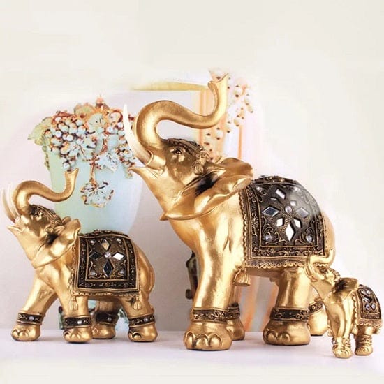 ALDO Decor / Artwork / Sculptures & Statues / Golden Fortune Elephant Famiy Hand Made Sculpture Symbolize Welth, Happiness and Prosperity