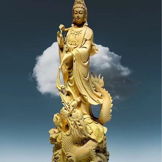 ALDO Décor>Artwork>Sculptures & Statues Natural Wood Hand Carved Kuan Yin Buddha Statue Symbolizes Peace, Love, Calm, Creates Balance and Harmony