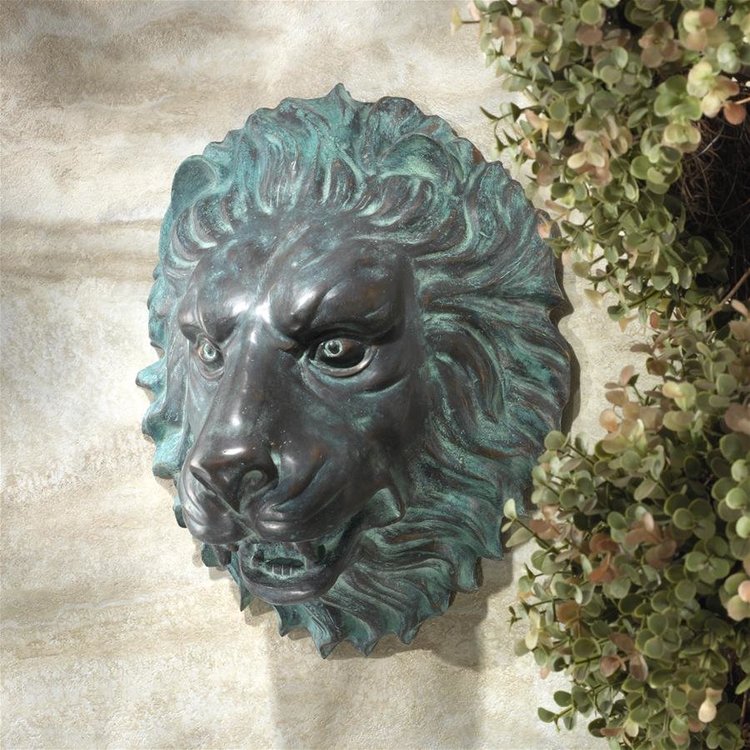 ALDO Decor > Fountains & Ponds 11"Wx6"Dx13"H. / new / resin Florentine Lion Head Spouting  Garden Wall Sculpture With Pump