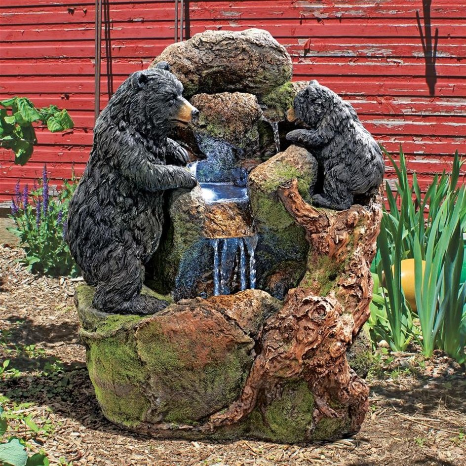 ALDO Decor > Fountains & Ponds 19.5"Wx14.5"Dx24"H / new / resin Grizzly Gulch Two Black Bears Sculptural Fountain With LED