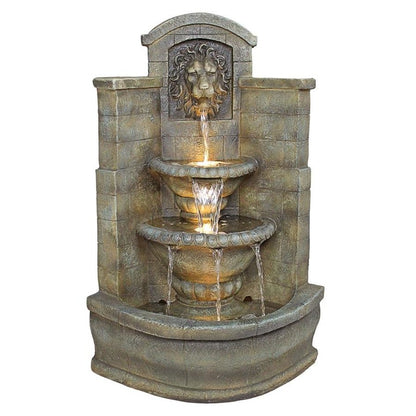 ALDO Decor > Fountains & Ponds 26.5"Wx22.5"Dx39"H / new / resin Italian Saint Remy Lion Corner Fountain With LED and Pump