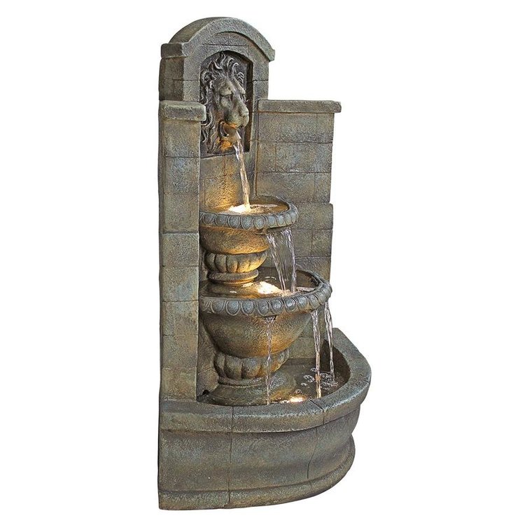 ALDO Decor > Fountains & Ponds 26.5"Wx22.5"Dx39"H / new / resin Italian Saint Remy Lion Corner Fountain With LED and Pump