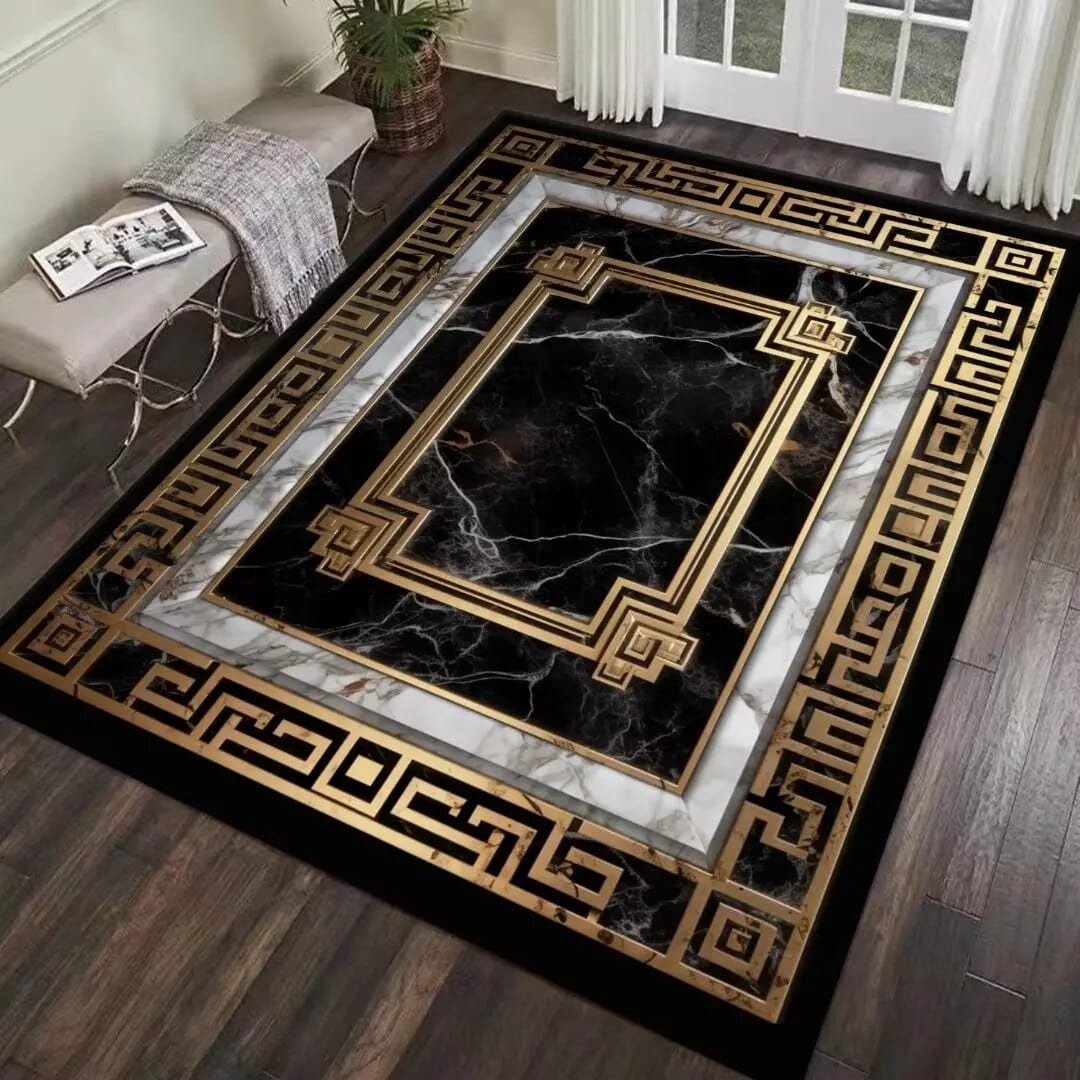 ALDO Decor > Rugs 60x90cm 23.6x35.4in / Fleece Fabric / Golden Medusa Flower Royal Castle Luxury Modern Ornament Black Gold and White Carpet Luxury Non-Slip Floor Mat Rug Carpet