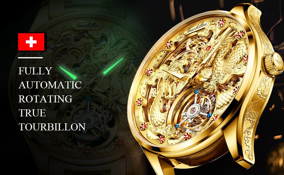 ALDO Décor > Watches ‎8 x 0.43 x 0.78 inches; / NEW / stainless still Men's Dragon-Shaped Gold Engraved Wrist Watch Tourbillon Automatic Movement Waterproof Luxury Business Skeleton with Sapphire Crystal