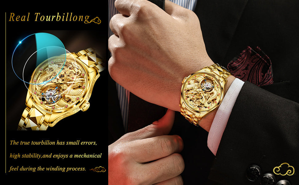 ALDO Décor > Watches ‎8 x 0.43 x 0.78 inches; / NEW / stainless still Men's Dragon-Shaped Gold Engraved Wrist Watch Tourbillon Automatic Movement Waterproof Luxury Business Skeleton with Sapphire Crystal