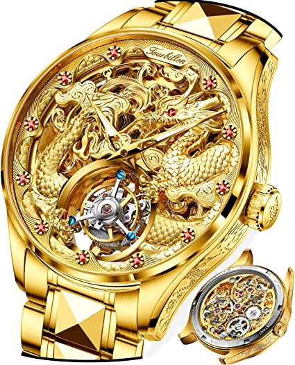 ALDO Décor > Watches ‎8 x 0.43 x 0.78 inches; / NEW / stainless still Men's Dragon-Shaped Gold Engraved Wrist Watch Tourbillon Automatic Movement Waterproof Luxury Business Skeleton with Sapphire Crystal