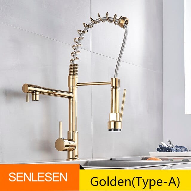 ALDO Hardware>Plumbing Fixtures Golden Senlesen Certified Commercial Heavy-duty LED Light Spring Pull Down Kitchen Sink Faucet Tap with Dual Spout Deck Mounted