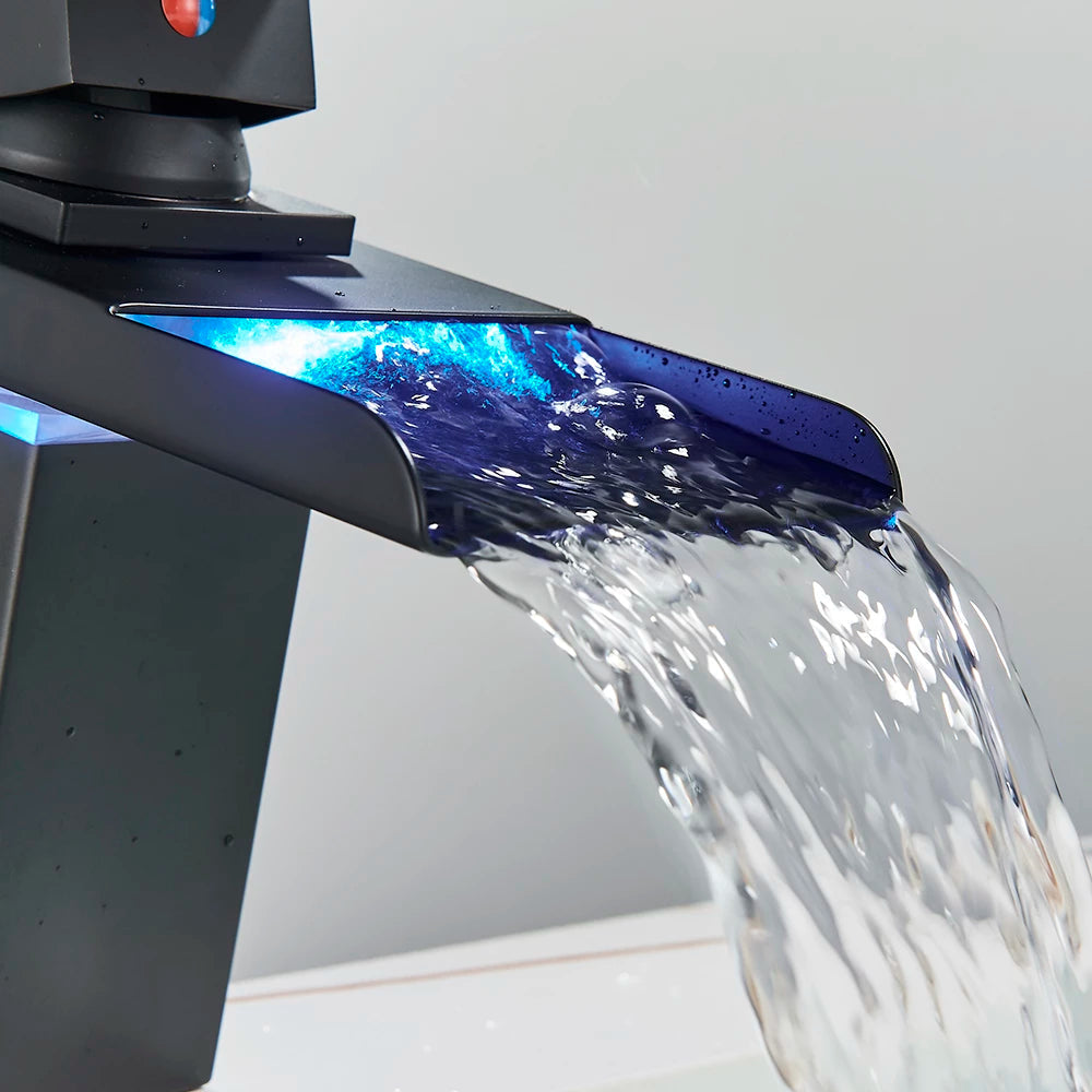 ALDO Hardware>Plumbing Fixtures Luxury Modern Bathroom  Waterfall  Basin Faucet LED Color Changing  Deck Mounted Single Handle