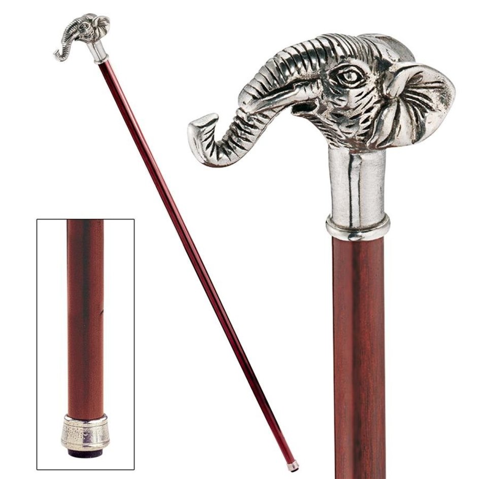 ALDO Health Care Mobility & Accessibility Canes & Walking Sticks 2"Wx4.5"Dx35"H / NEW / Wood Italian Solid Hardwood Fortune Elephant Pewter Walking Stick Collectible Gift