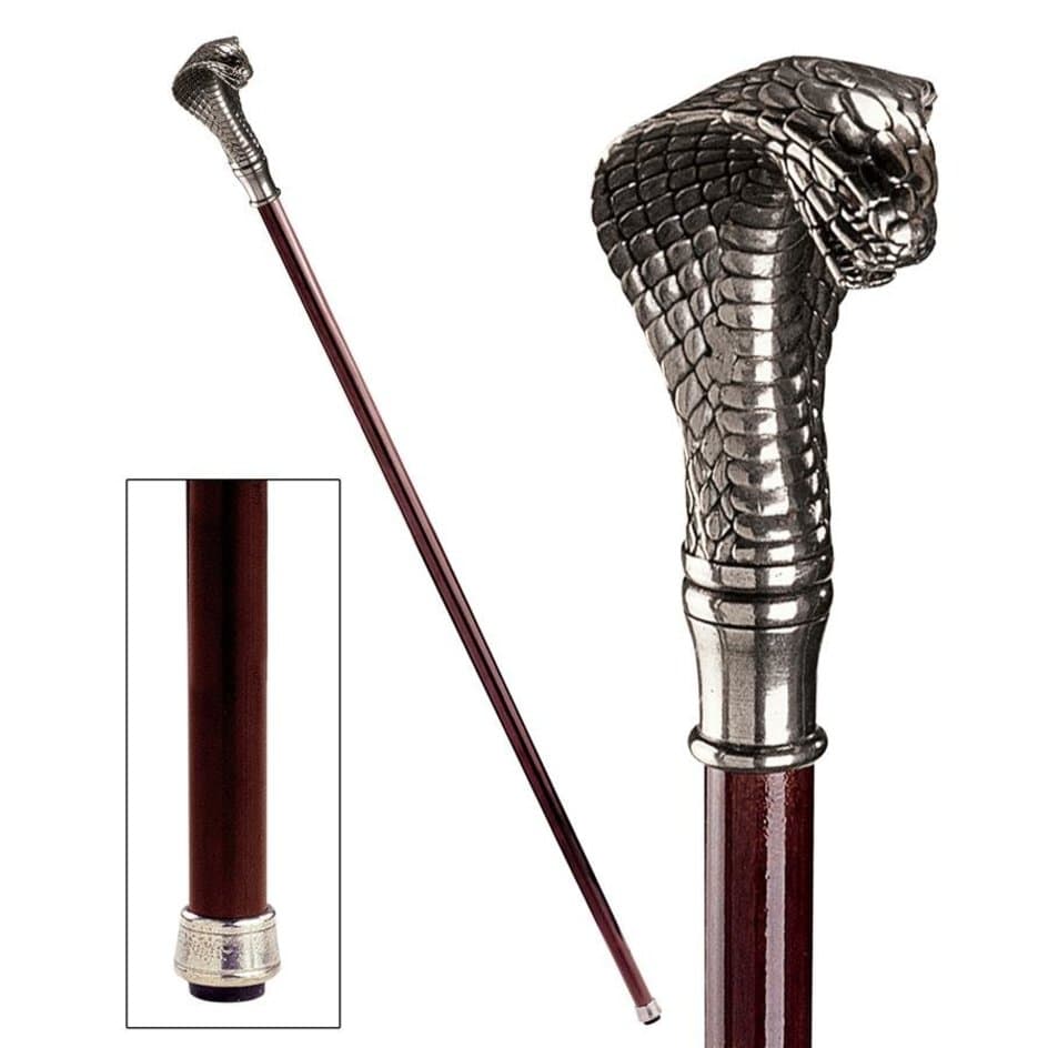 ALDO Health Care Mobility & Accessibility Canes & Walking Sticks 3"Wx2.5"Dx36"H / NEW / Wood Italian Solid Hardwood Cobra  Pewter Walking Stick Collectible Gift