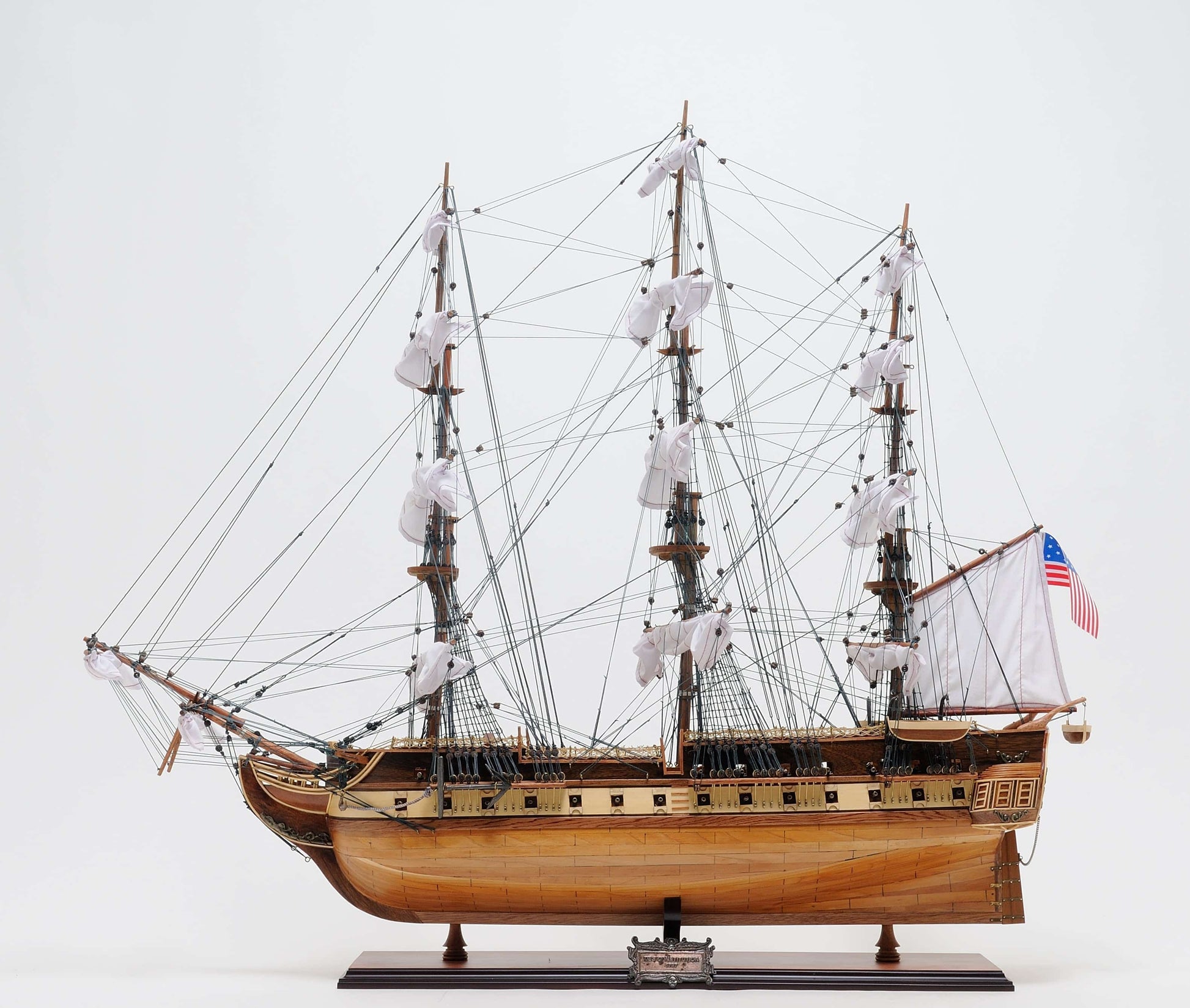 ALDO Hobbies & Creative Arts> Collectibles> Scale Model L: 40 W: 13.75 H: 60 Inches / NEW / Wood USS Constitution Large Tall Ship Wood Model Sailboat With Floor Display Case Combo Assembled