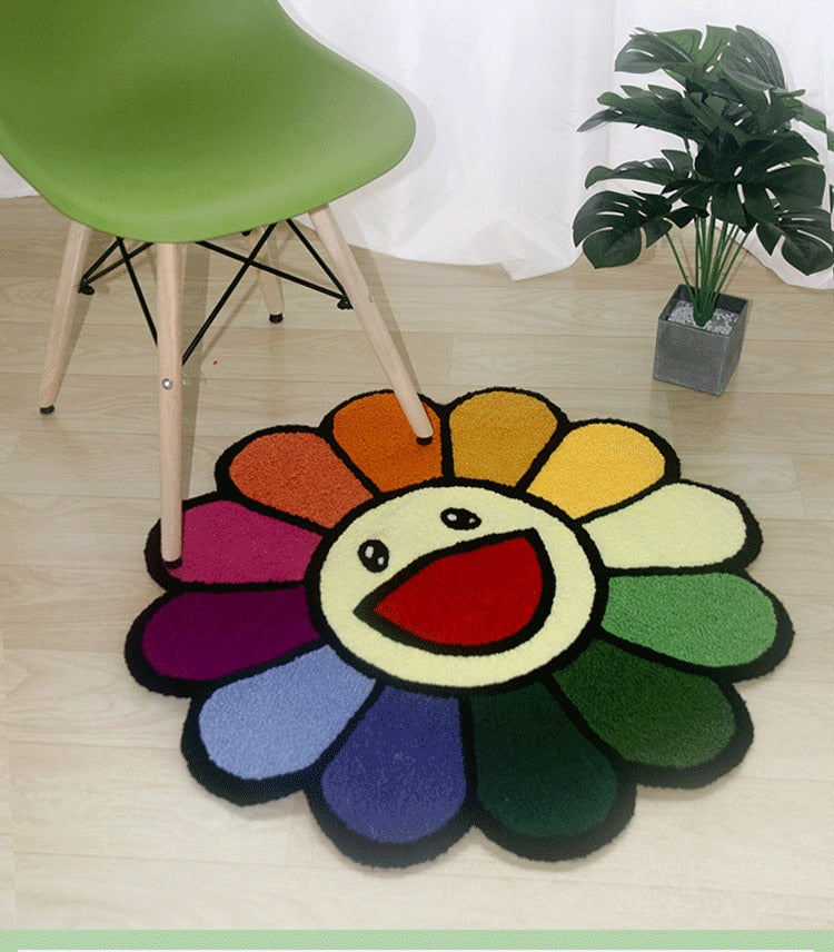 ALDO Home & Kitchen>Area Rugs>Carpet 35 " x 35 " inches / Poliester / Multicolor Cartoon Sun Flower Round Carpet Anti-slip Soft Plush Rugs