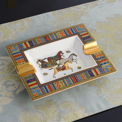 ALDO Home & Kitchen>Ashtray Style 5 / Ceramic English Style Hand Made Fine Ceramic Horse Designer Ashtray With Real Gold leaf