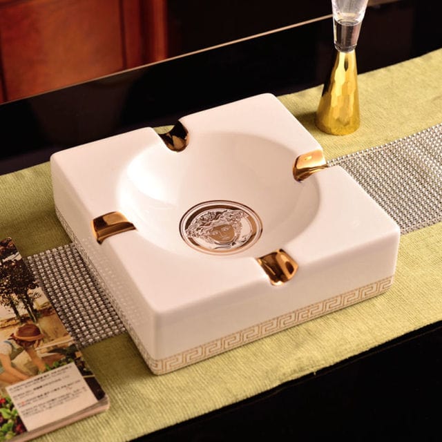 ALDO Home & Kitchen>Ashtray Versace Style Hand Made Fine Ceramic Medusa Designer Ashtray With Real Gold leaf.