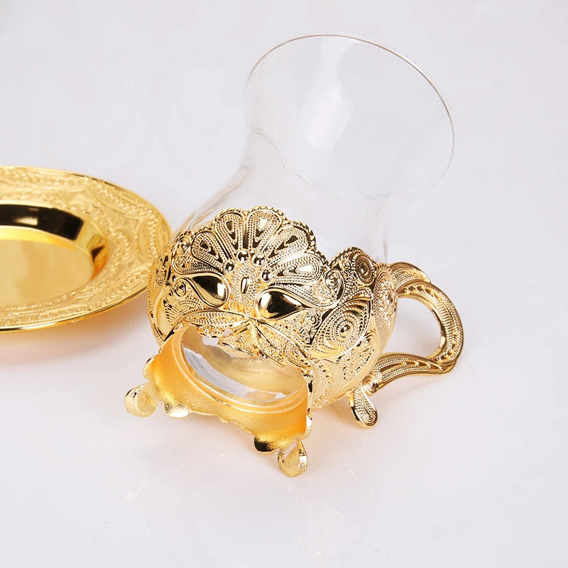 ALDO Home & Kitchen>Cups, Mugs, & Saucers European Exquisite Glass Cups with Gold Saucer ,Spoons and Coffee Pot For Tea or Coffee and Tea