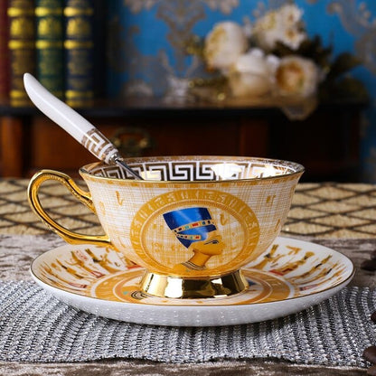 ALDO Home & Kitchen>Cups, Mugs, & Saucers King Tutankhamun King Of Egypt / Porcelain / Please see pictures attached with sizes Porcelain Coffee or Tea Cup Gold Plated Legends of Egypt with Saucer and Spoon 24 Karat Gold Plated