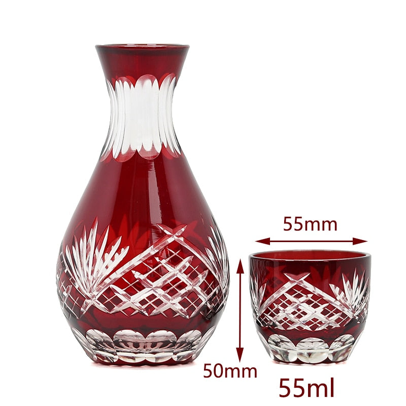 ALDO Home & Kitchen>Cups, Mugs, & Saucers New / Cristal / 10 oz Luxury Japanese Style Hand Cut and Blown Crystal Wine Whisky Red Decanter with Two Glass's Set