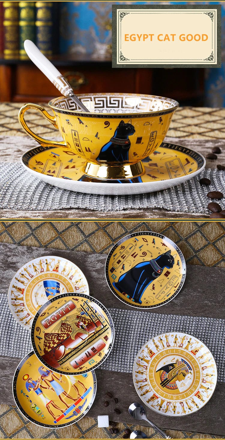 ALDO Home & Kitchen>Cups, Mugs, & Saucers Porcelain Coffee or Tea Cup Gold Plated Legends of Egypt with Saucer and Spoon 24 Karat Gold Plated