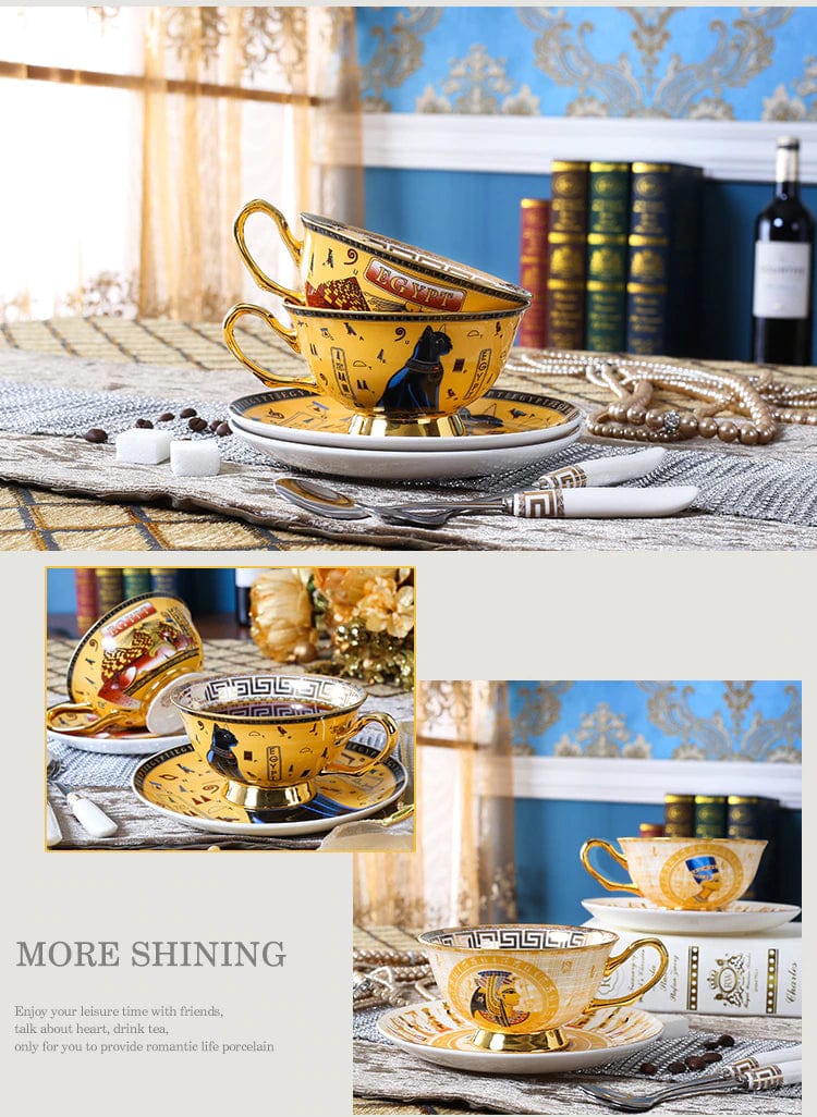 ALDO Home & Kitchen>Cups, Mugs, & Saucers Porcelain Coffee or Tea Cup Gold Plated Legends of Egypt with Saucer and Spoon 24 Karat Gold Plated