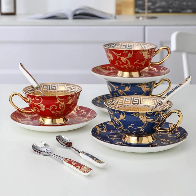 ALDO Home & Kitchen>Cups, Mugs, & Saucers Porcelain Luxury Coffee or Tea Cup Gold Plated Fantasy Style with Saucer and Spoon