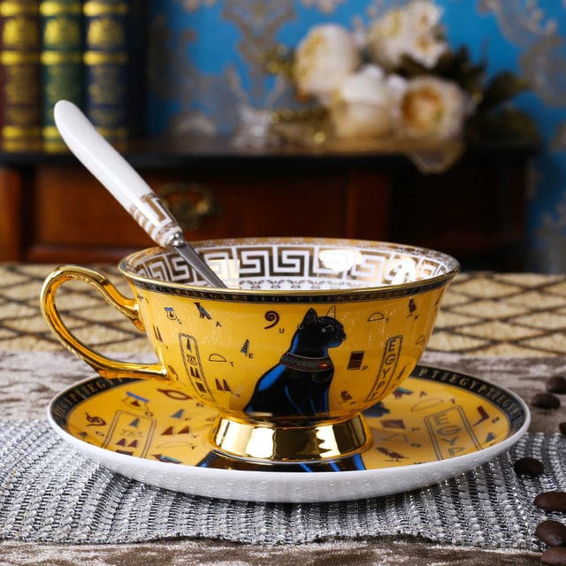 ALDO Home & Kitchen>Cups, Mugs, & Saucers Shiba Holy Secret Cat of Egypt / Porcelain / Please see pictures attached with sizes Porcelain Coffee or Tea Cup Gold Plated Legends of Egypt with Saucer and Spoon 24 Karat Gold Plated