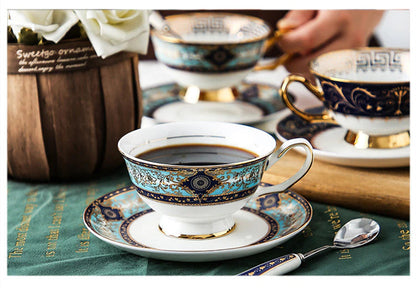 ALDO Home & Kitchen>Cups, Mugs, & Saucers White Gold and Sky Blue / Porcelain / Please see pictures attached with sizes Luxury Porcelain Coffee or Tea Cup Gold Plated Versace Style with Saucer and Spoon