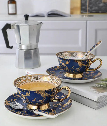 ALDO Home & Kitchen>Dinner Set luxurious Royal Palace Style Classic Red and Blue Coffee and Tea Set Hand Made Bone China Porcelain Real Gold Leaf Set for Four